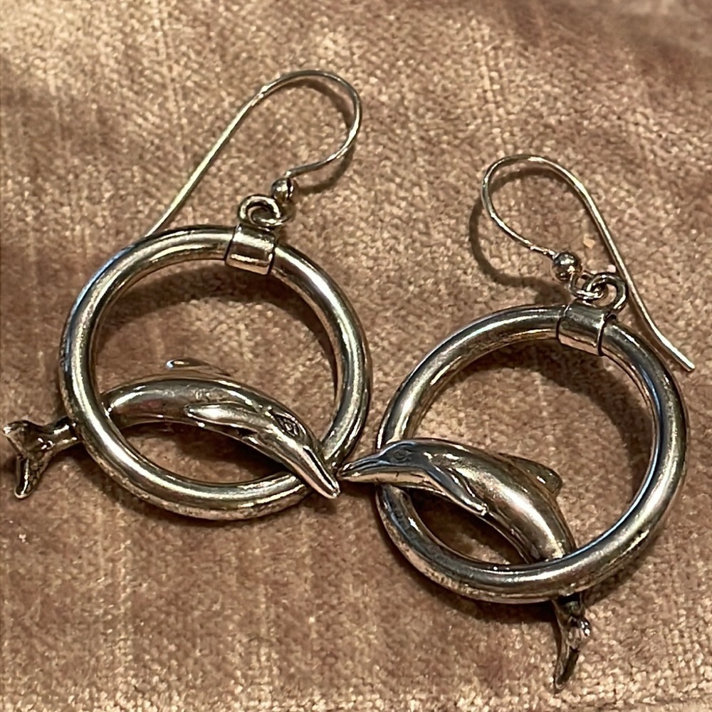 Dolphin Ring Hoop Earrings 925 Sterling Silver French Hooks